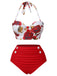 2PCS Costumi scollo a V gonna copricostume rose rosse anni '60