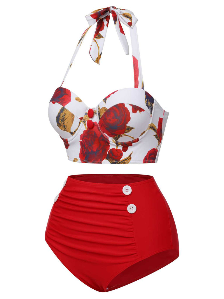 Costumi con rose e scollo all'americana rosso anni '60
