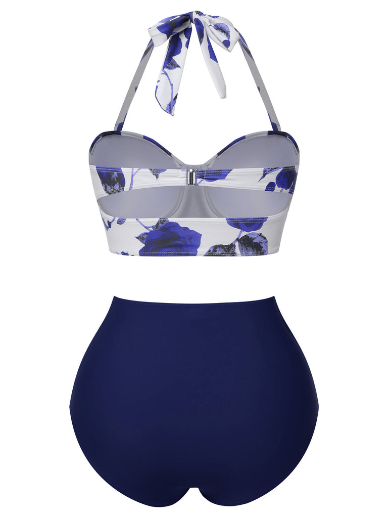 2PCS Costumi con rose e gonna copricostume blu anni '60
