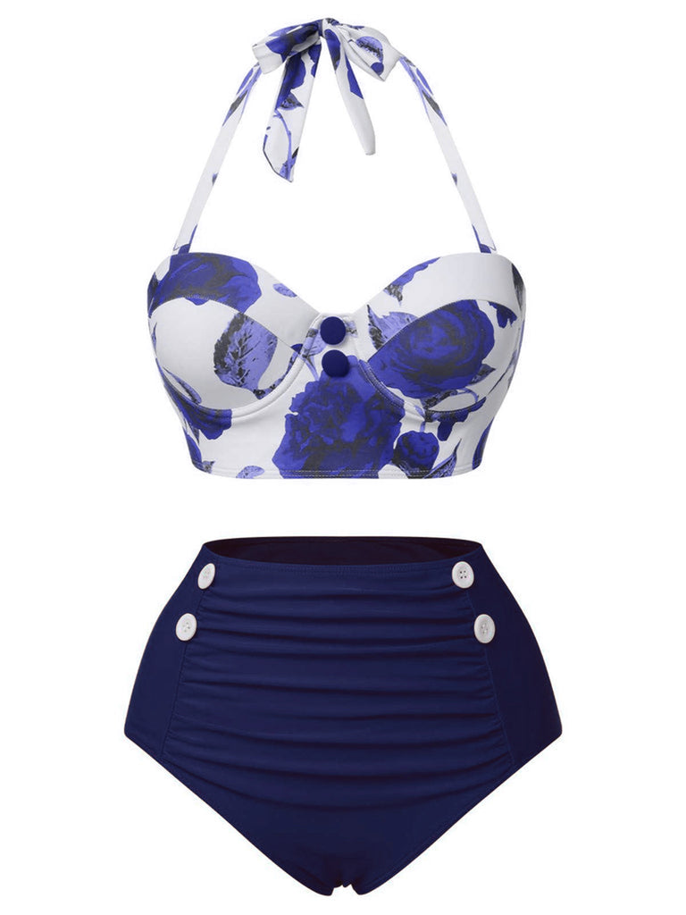 2PCS Costumi con rose e gonna copricostume blu anni '60