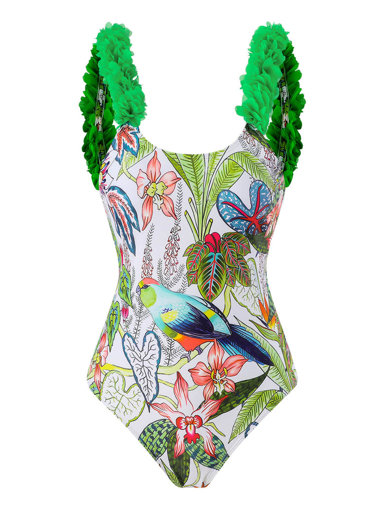 Costumi e copricostume con floreale a uccelli verde anni '60