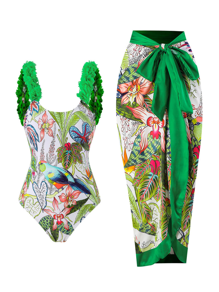 Costumi e copricostume con floreale a uccelli verde anni '60