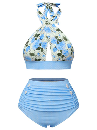 Costume da bagno incrocio floreale blu anni '40