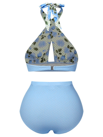 Costume da bagno incrocio floreale blu anni '40