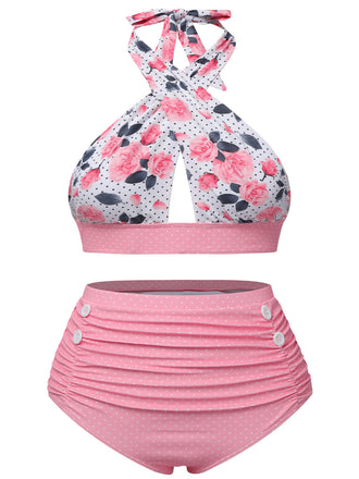 [Taglie Forti] Costume da bagno incrocio floreale rosa anni '40