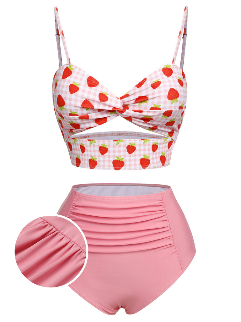Costumi stampa fragola plaid spalline sottili rosa anni '60