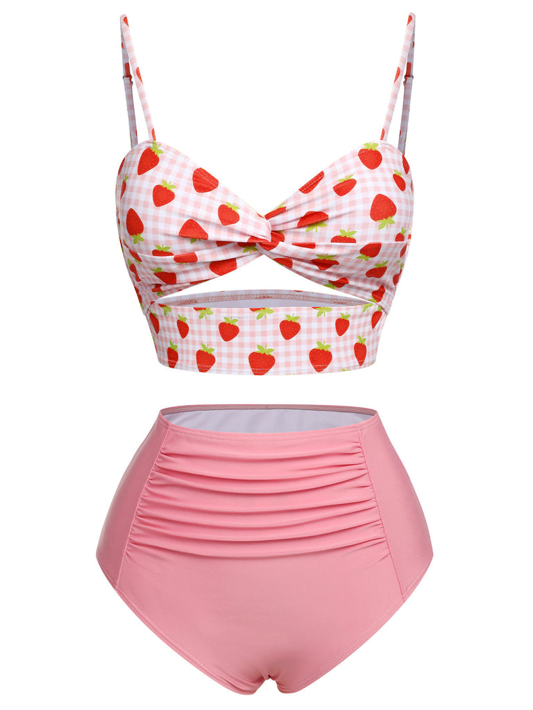 Costumi stampa fragola plaid spalline sottili rosa anni '60