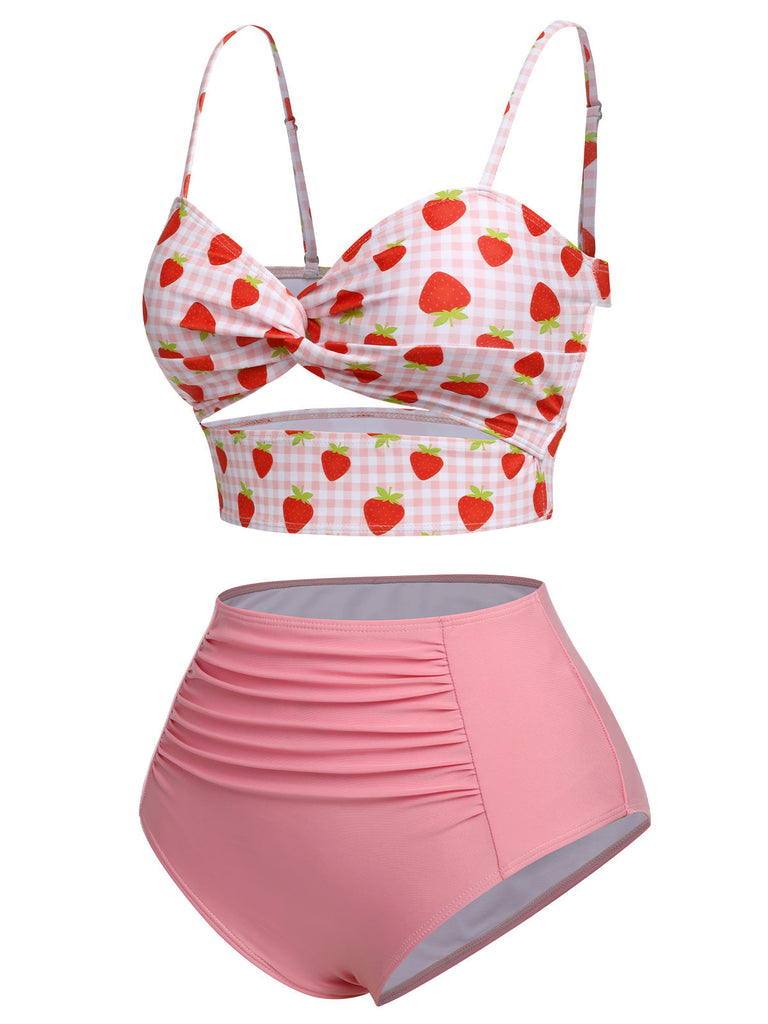 Costumi stampa fragola plaid spalline sottili rosa anni '60