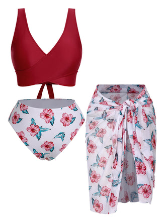 [Taglia Forti] Set bikini e copricostume floreale bordeaux anni '30
