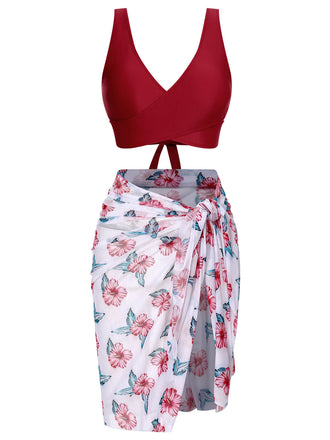 [Taglia Forti] Set bikini e copricostume floreale bordeaux anni '30