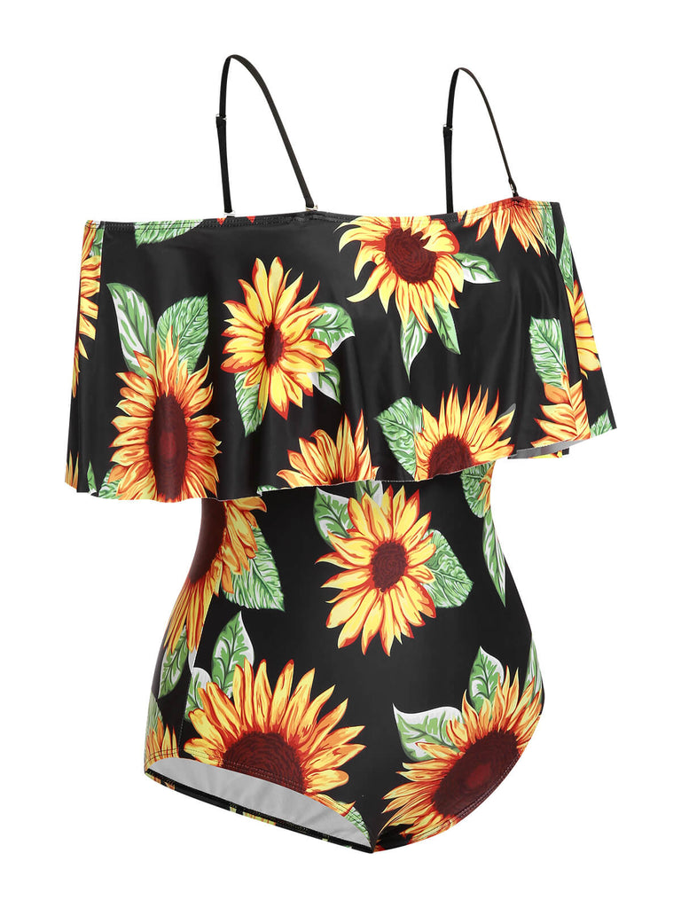 [Taglia Forti] Costumi intero girasole spalle scoperte nero anni '40
