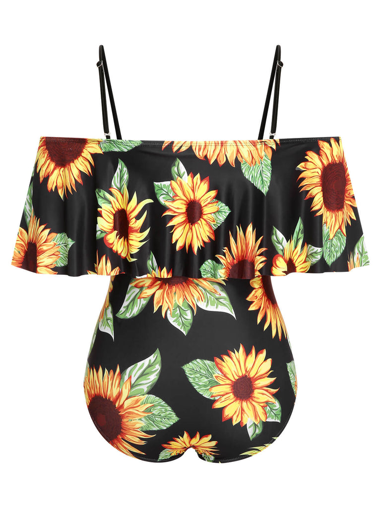 [Taglia Forti] Costumi intero girasole spalle scoperte nero anni '40
