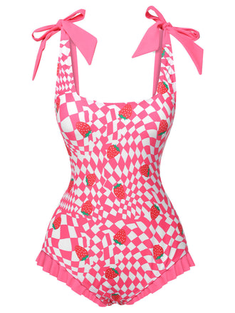 Costumi intero plaid con fragole rosa anni '60