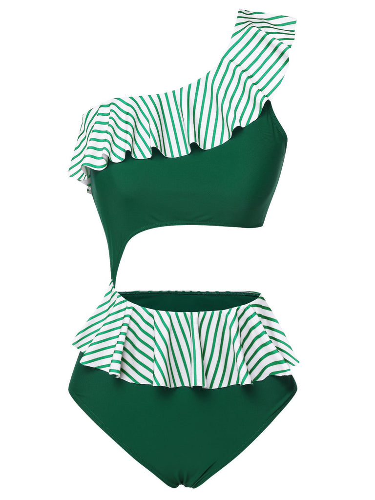 Costumi a righe monospalla volant verde scuro anni '40