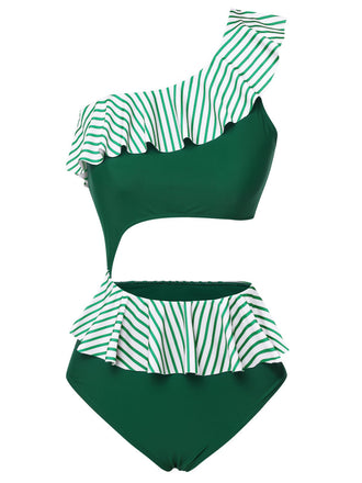 Costumi a righe monospalla volant verde scuro anni '40