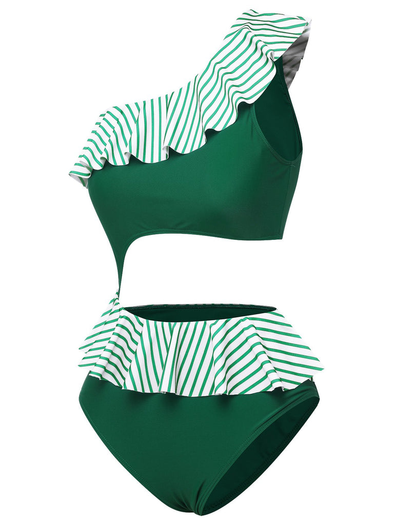 Costumi a righe monospalla volant verde scuro anni '40