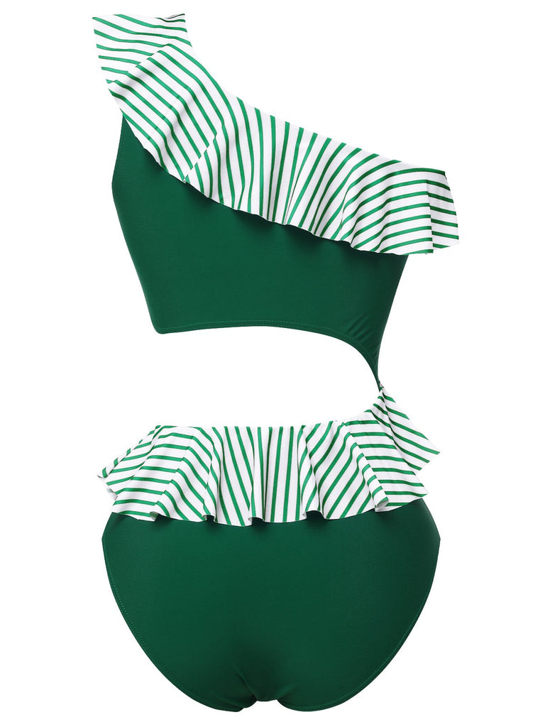 Costumi a righe monospalla volant verde scuro anni '40