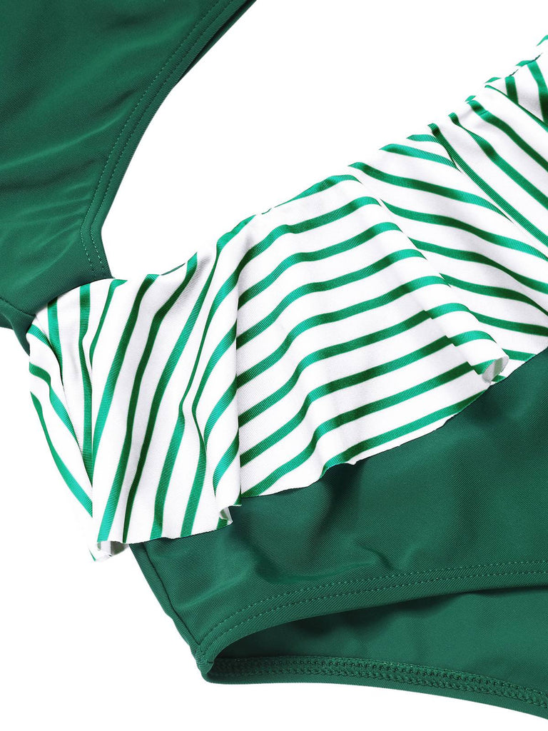 Costumi a righe monospalla volant verde scuro anni '40