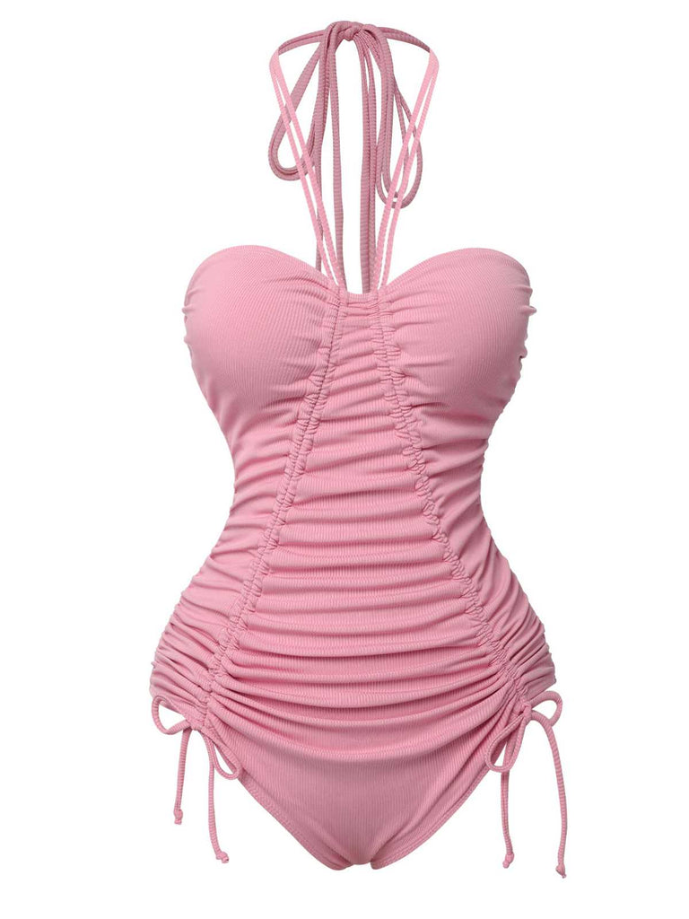 Costumi intero plissettato e spalline sottili rosa anni '50
