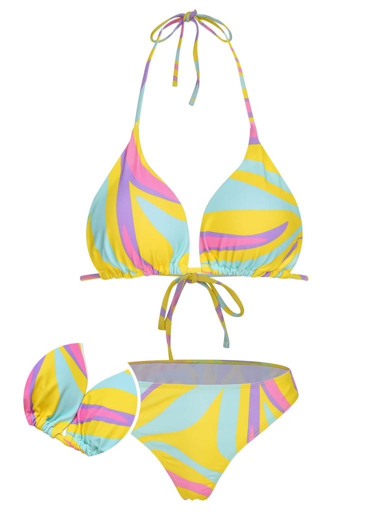 Set bikini e copricostume scollo all'americana colorato anni '70