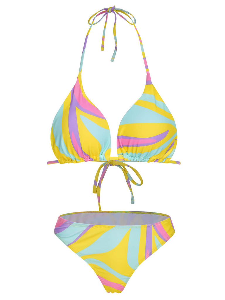 Set bikini e copricostume scollo all'americana colorato anni '70