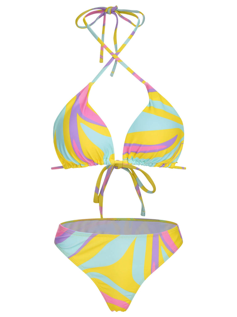 Set bikini e copricostume scollo all'americana colorato anni '70