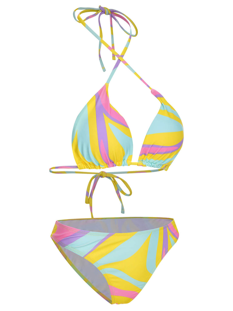 Set bikini e copricostume scollo all'americana colorato anni '70