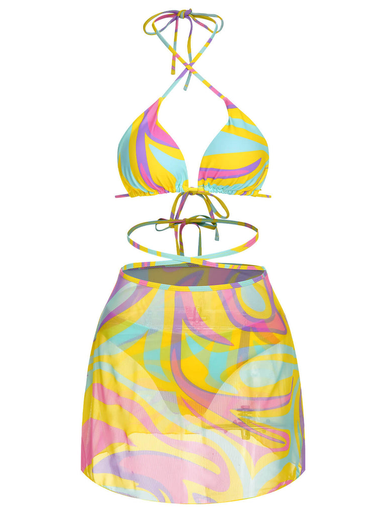 Set bikini e copricostume scollo all'americana colorato anni '70