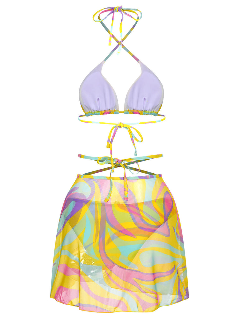 Set bikini e copricostume scollo all'americana colorato anni '70