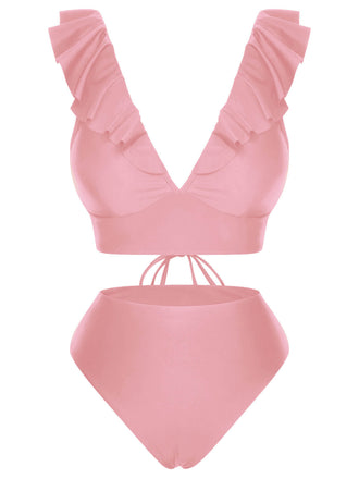 Costumi volant e lacci con scollo a V tinta unita anni '50