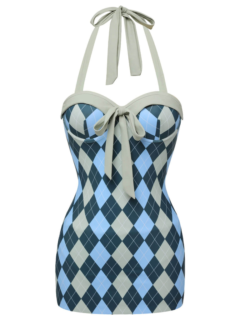 Costumi intero stampa argyle grigio blu anni '50