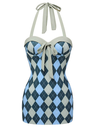 Costumi intero stampa argyle grigio blu anni '50