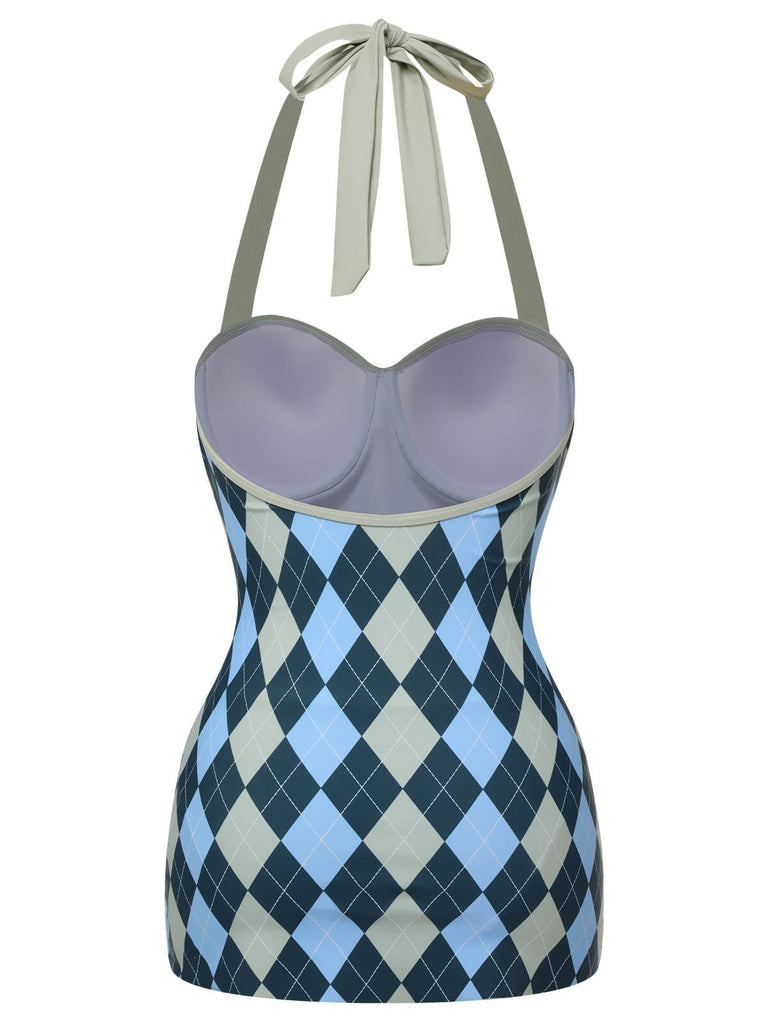 Costumi intero stampa argyle grigio blu anni '50