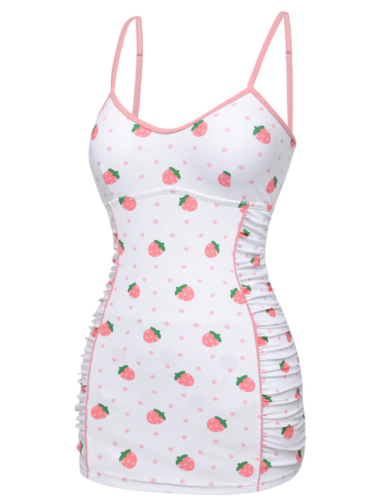 Costumi intero fragola plissettato bianco e rosa anni '50