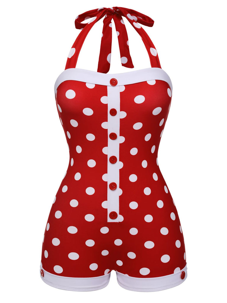 Costumi intero a pois scollo all'americana rosso anni '50