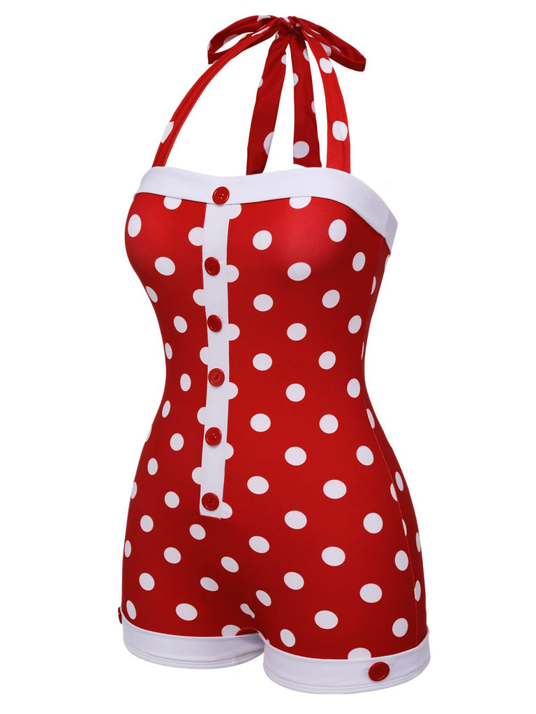 Costumi intero a pois scollo all'americana rosso anni '50