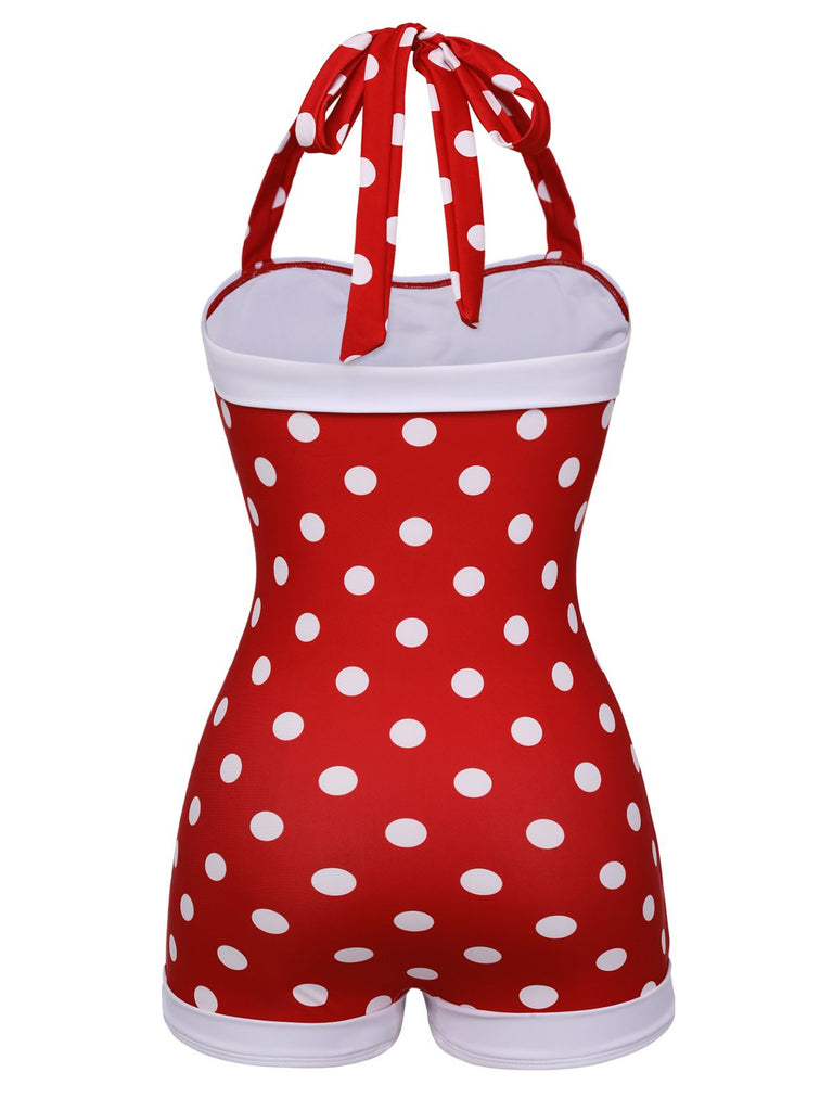 Costumi intero a pois scollo all'americana rosso anni '50