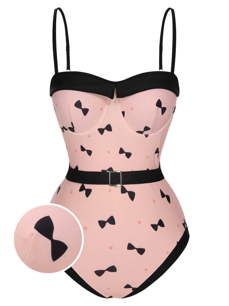 Costumi intero stampa a pois e fiocco rosa anni '50