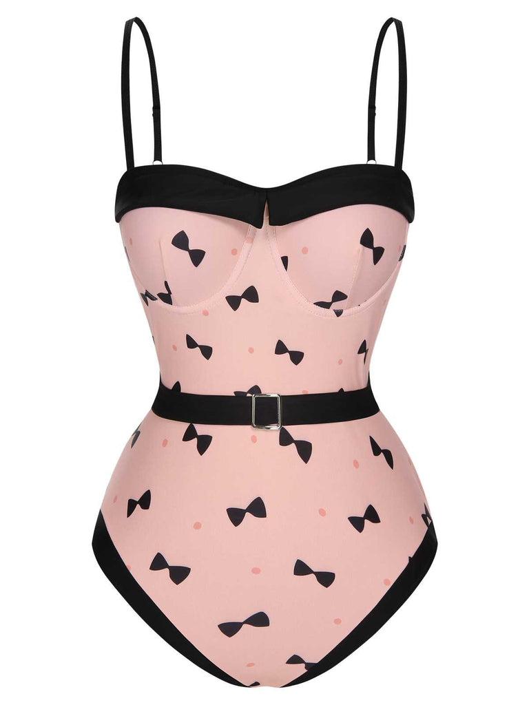 Costumi intero stampa a pois e fiocco rosa anni '50
