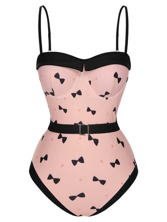 Costumi intero stampa a pois e fiocco rosa anni '50