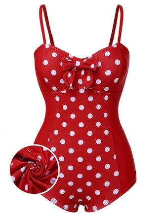 Costumi intero a pois spalline sottili patchwork rosso anni '50