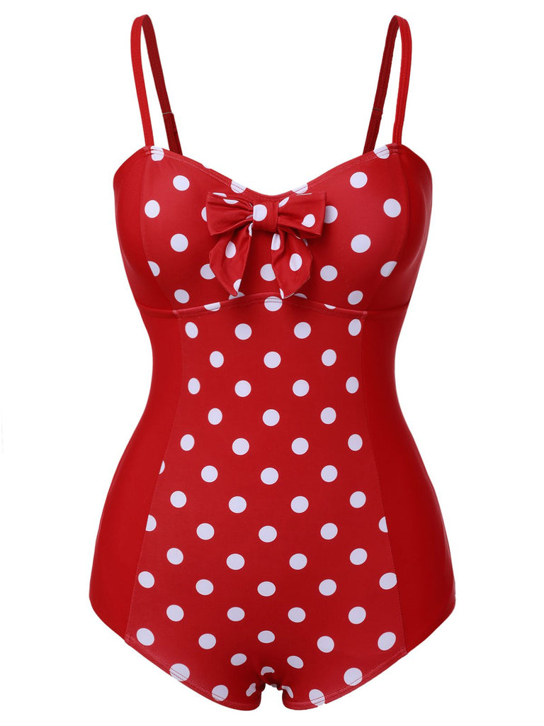 Costumi intero a pois spalline sottili patchwork rosso anni '50
