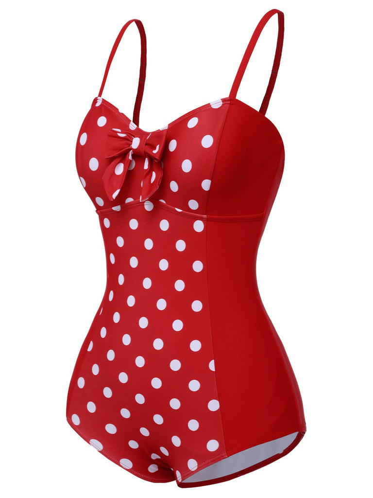 Costumi intero a pois spalline sottili patchwork rosso anni '50