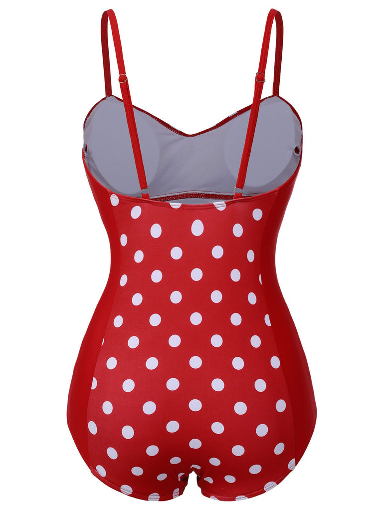 Costumi intero a pois spalline sottili patchwork rosso anni '50
