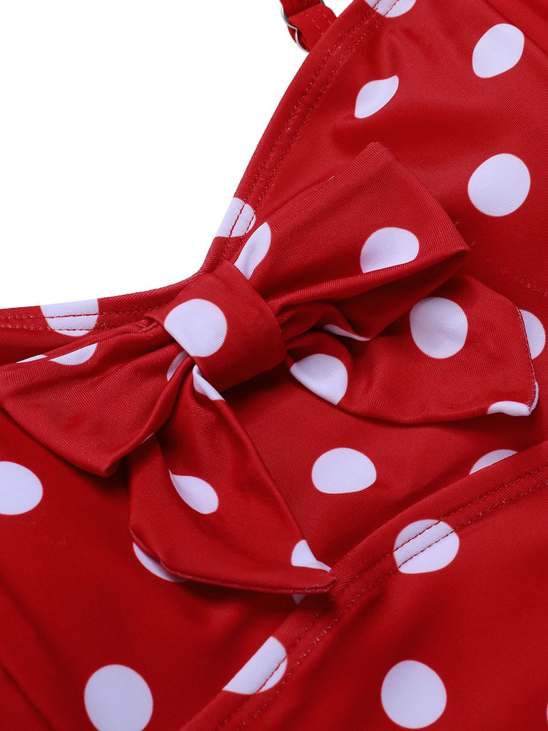 Costumi intero a pois spalline sottili patchwork rosso anni '50