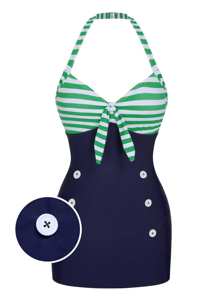 Costumi intero a righe e scollo all'americana verde anni '60