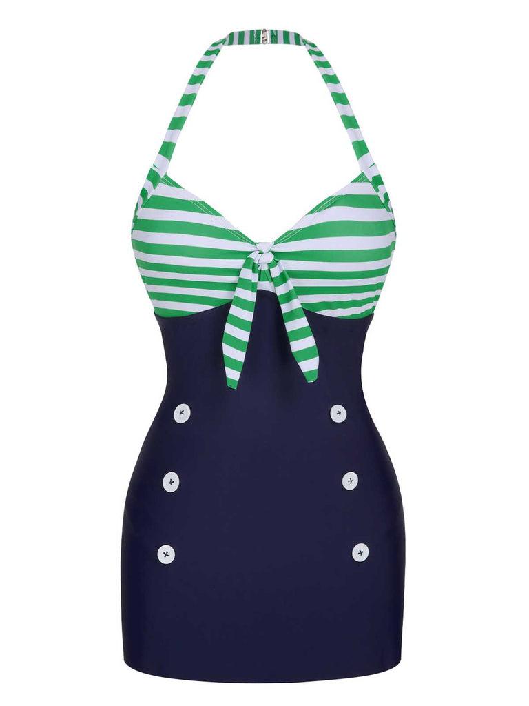 Costumi intero a righe e scollo all'americana verde anni '60