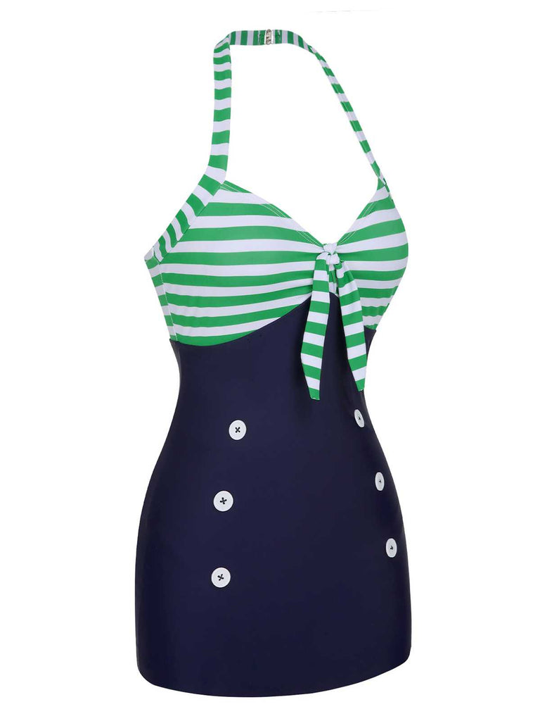 Costumi intero a righe e scollo all'americana verde anni '60