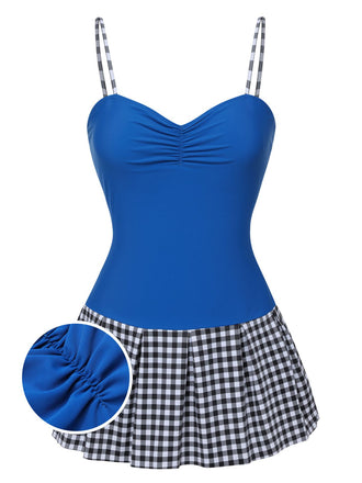 Costumi intero plaid spalline sottili patchwork blu anni '60