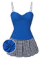 Costumi intero plaid spalline sottili patchwork blu anni '60